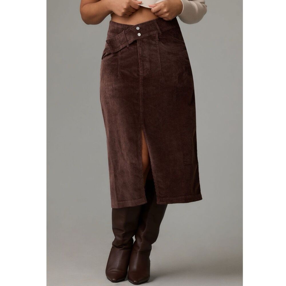 Anthropologie Pilcro Double Waist Corduroy Midi Skirt Brown Women Plus Size 30W